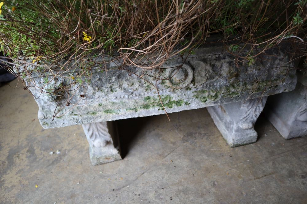 A reconstituted stone rectangular garden planter on trestle stand, length 92cm height 58cm